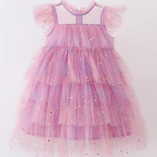 Pink/purple star tiered ruffle tulle dress