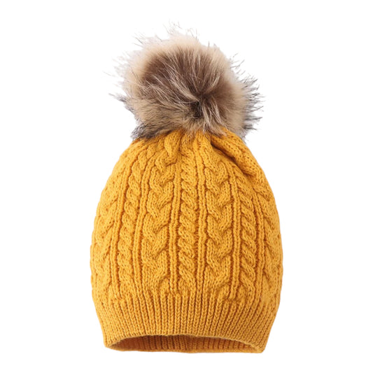 Mustard Cable Knit Pom Beanie - Kids