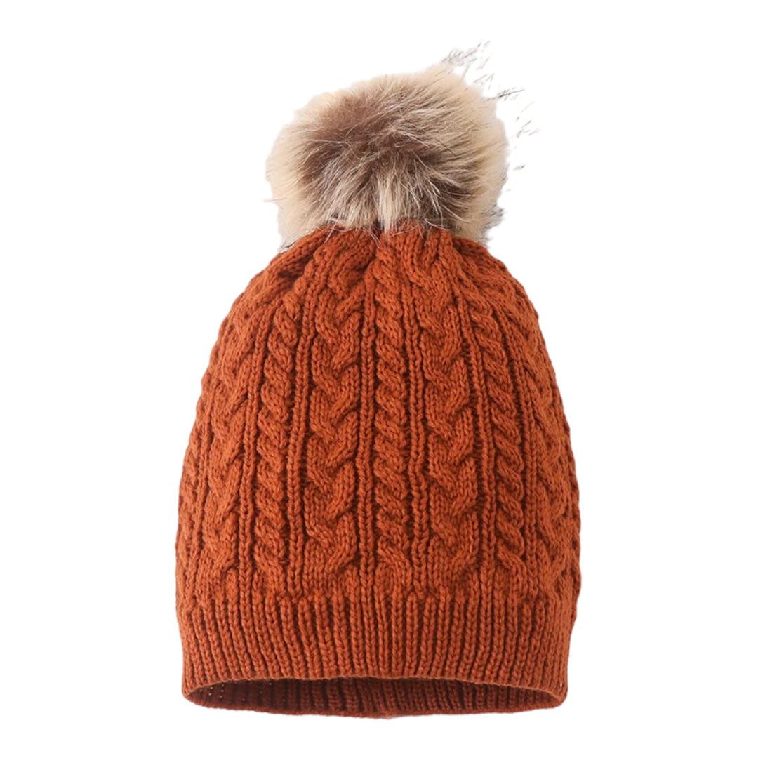Rust Cable Knit Pom Beanie - Kids