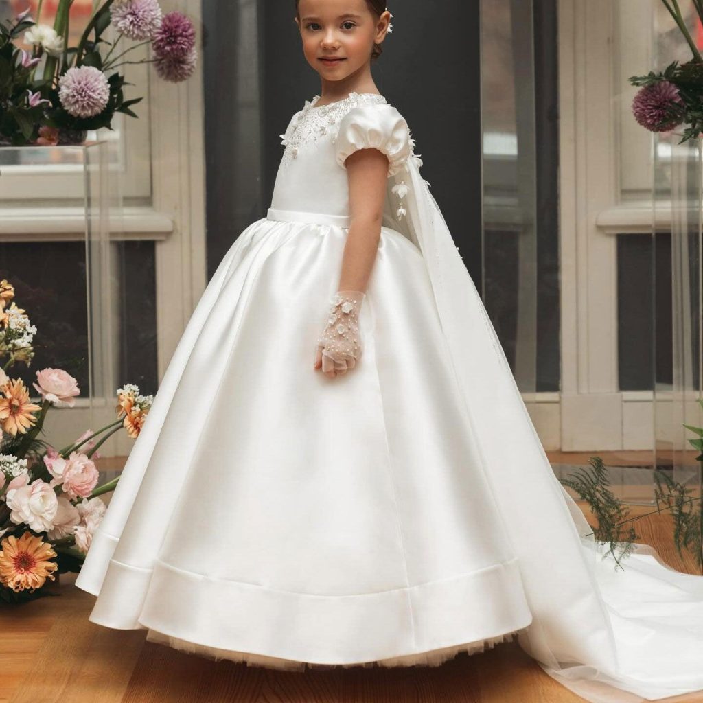 White beaded pearl satin flower girl ball gown