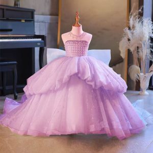 Crystal Beaded Flower Girl Ball Gown with Bow in Blue and Lilac J135 - view 7