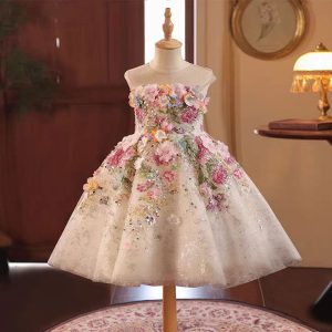 Floral knee-length flower girl dress for pageants and parties
