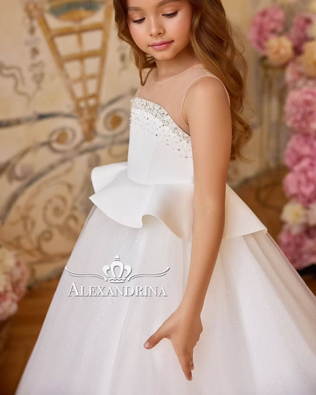 White and Black Flower Girl Dress with Beaded Bodice and Tulle Skirt J388 - view 12