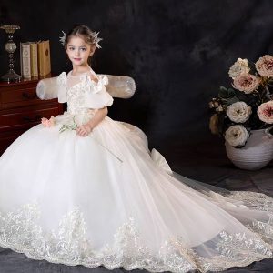 Off White Flower Girl Dress with Lace Appliques and Bow J346 - view 8
