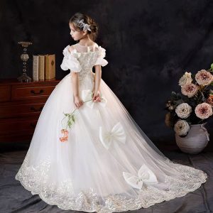 Off White Flower Girl Dress with Lace Appliques and Bow J346 - view 9