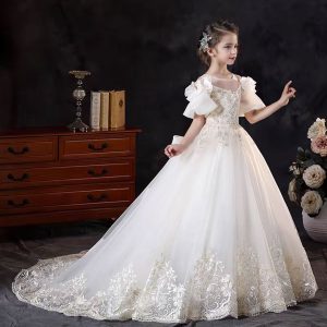 Off White Flower Girl Dress with Lace Appliques and Bow J346 - view 10
