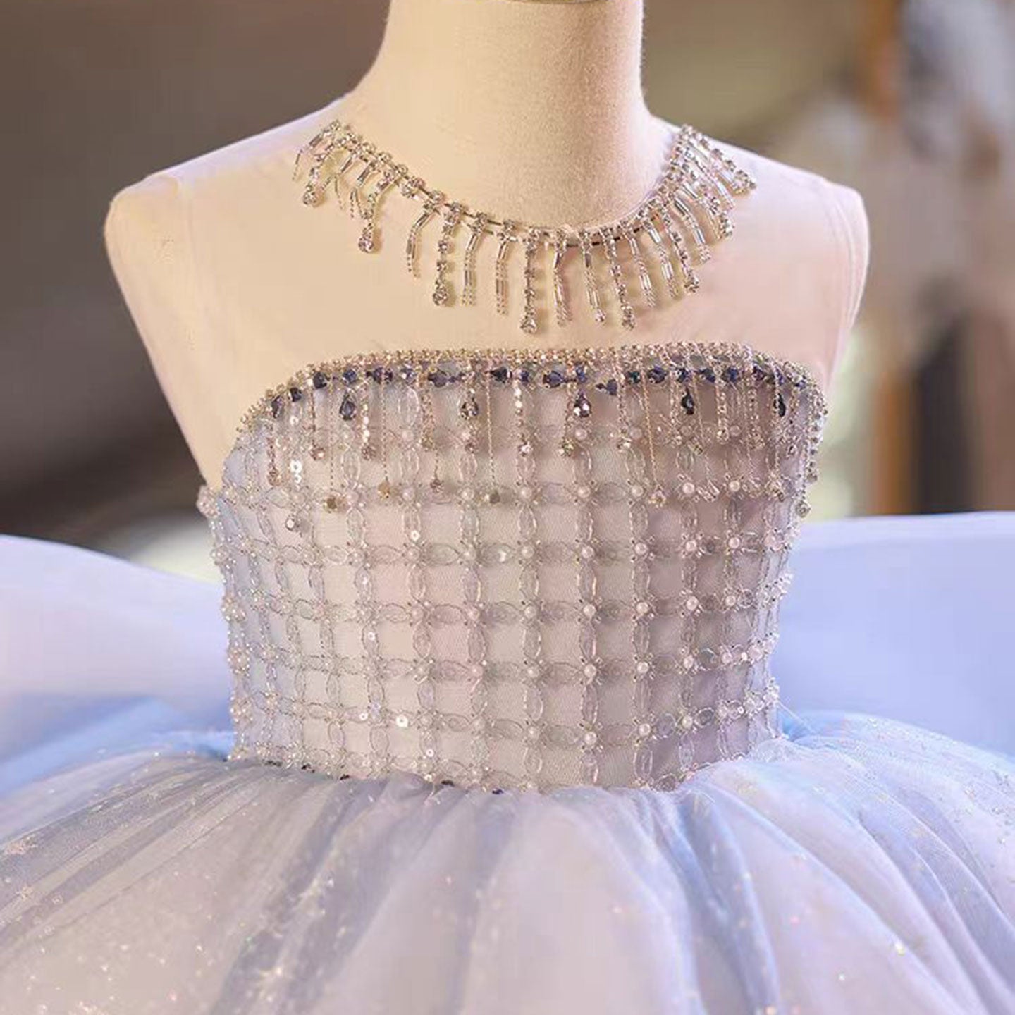 Crystal Beaded Flower Girl Ball Gown with Bow in Blue and Lilac J135 - view 2