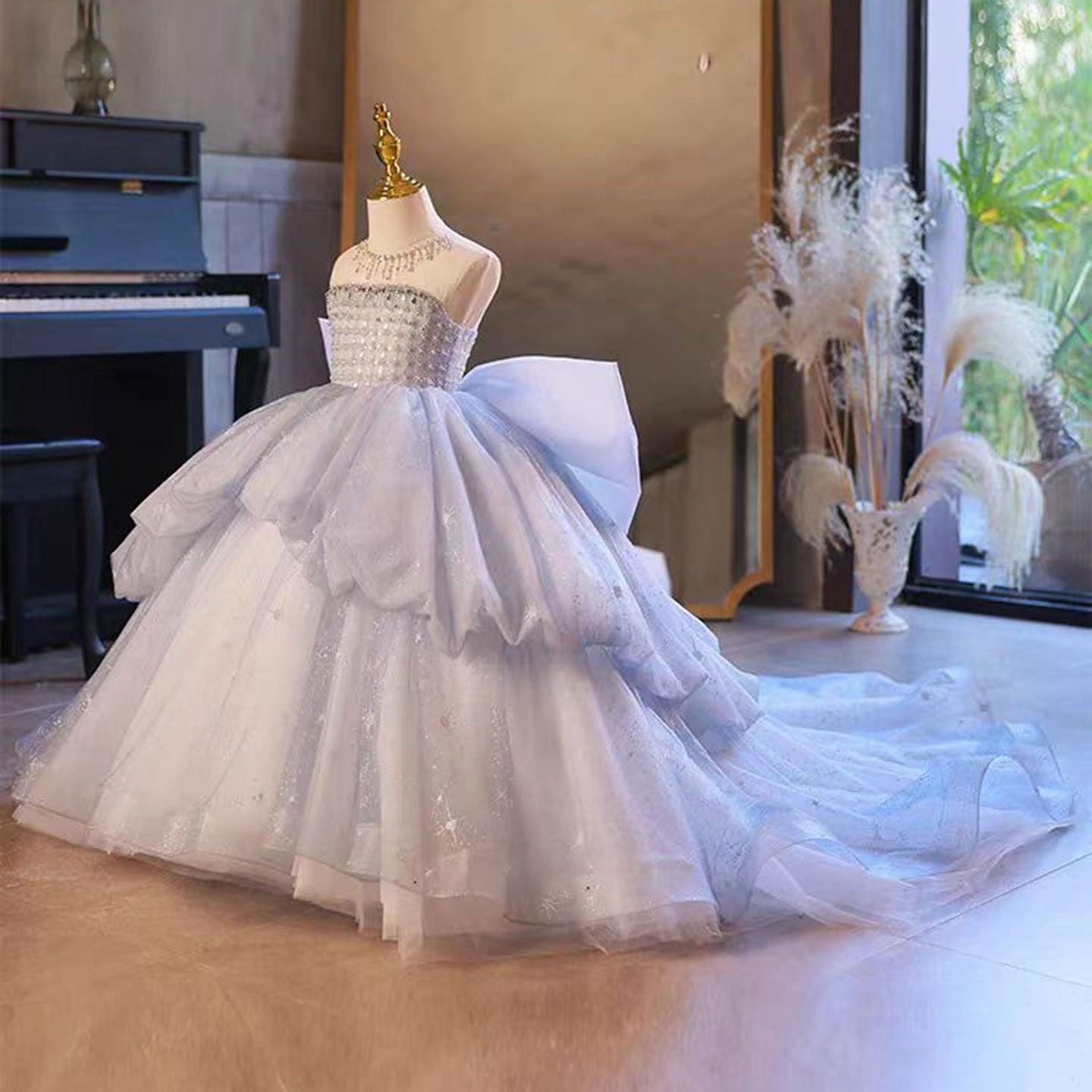 Crystal Beaded Flower Girl Ball Gown with Bow in Blue and Lilac J135 - view 3