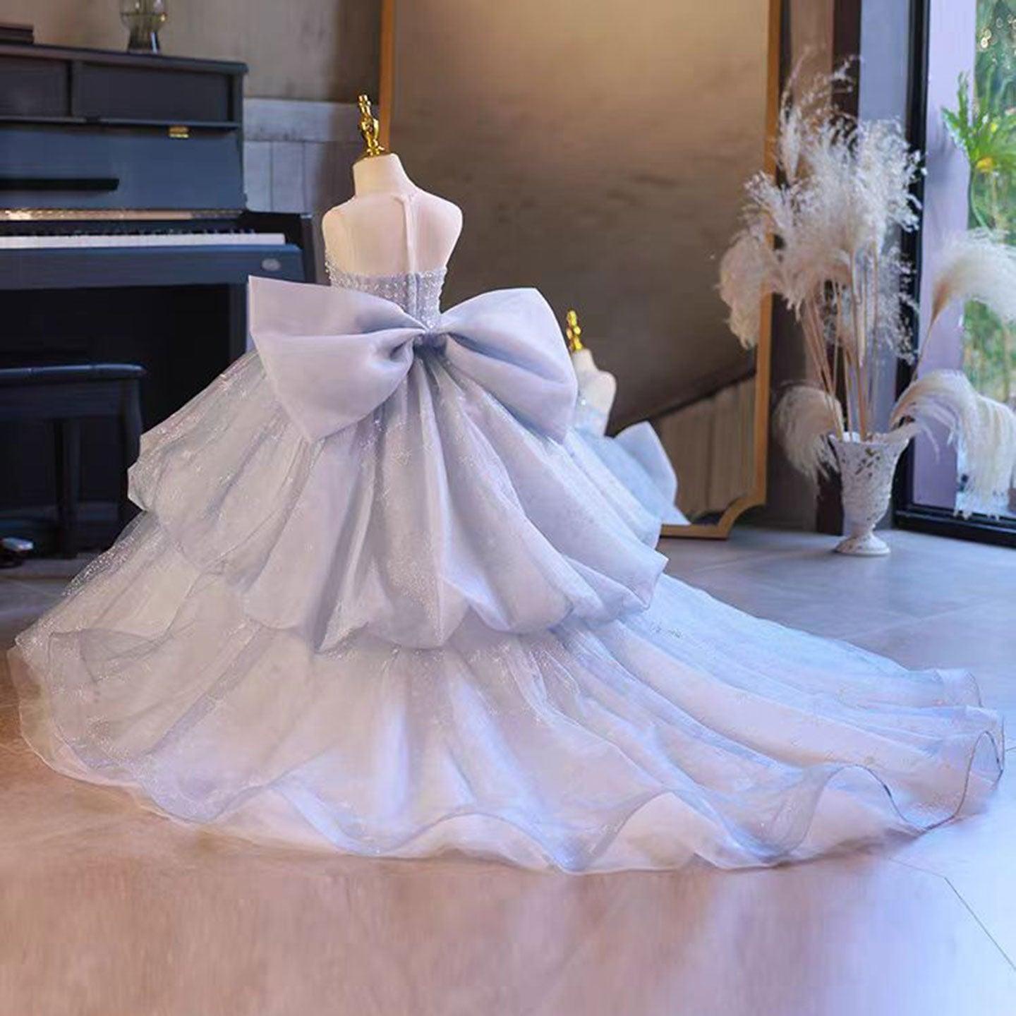 Crystal Beaded Flower Girl Ball Gown with Bow in Blue and Lilac J135 - view 4