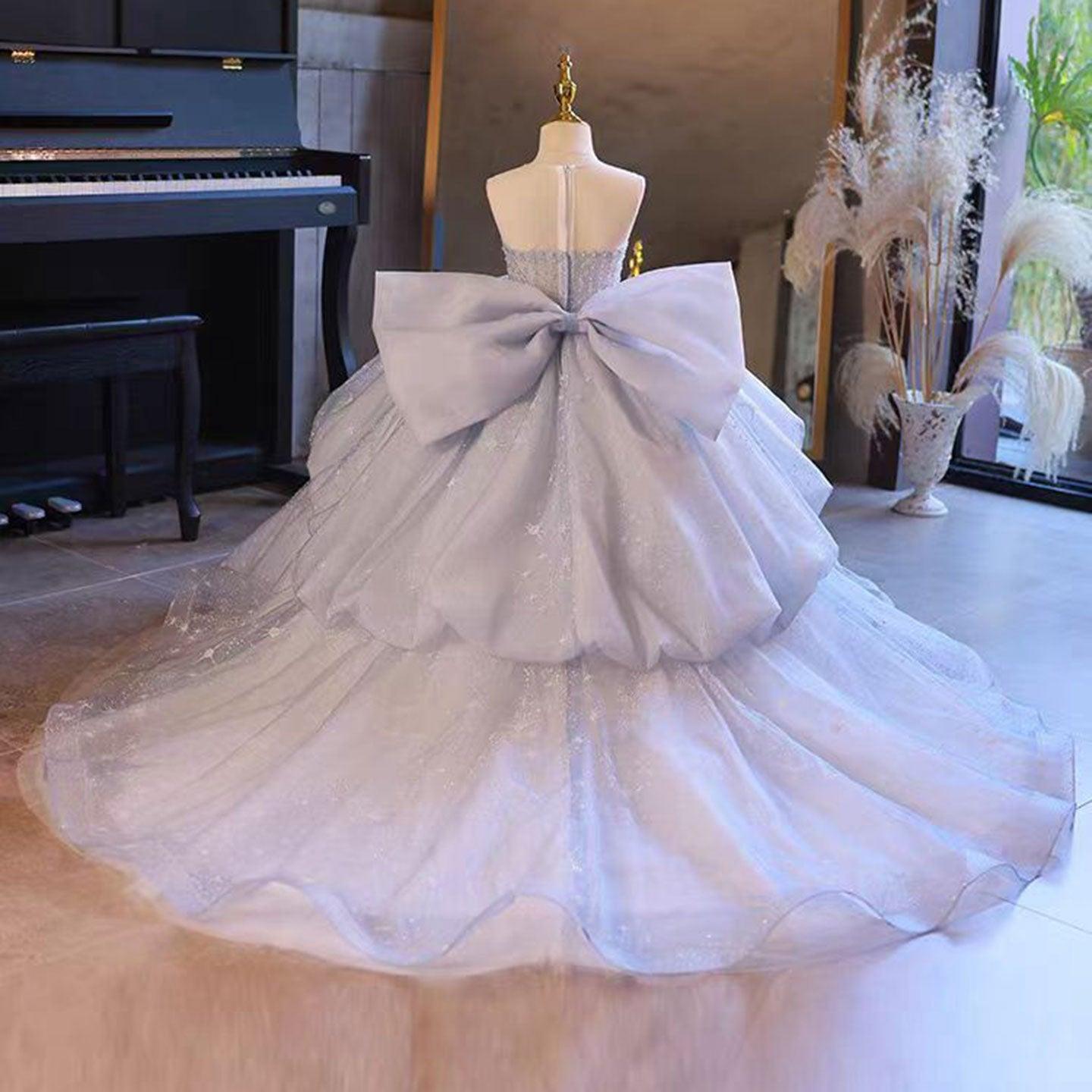 Crystal Beaded Flower Girl Ball Gown with Bow in Blue and Lilac J135 - view 5
