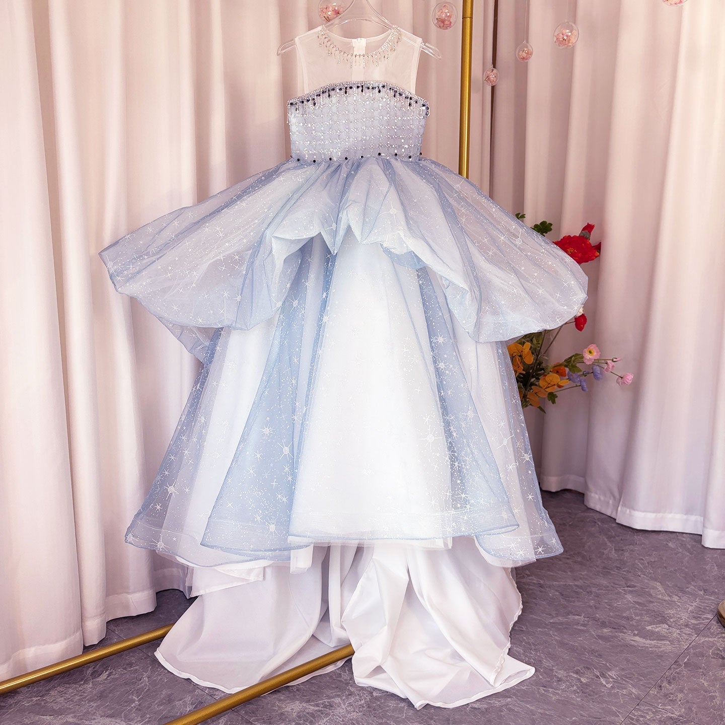 Crystal Beaded Flower Girl Ball Gown with Bow in Blue and Lilac J135 - view 6
