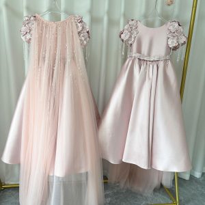 Dusty Pink Beaded Flower Girl Dress with Cap Sleeves and Handmade Flowers - view 11