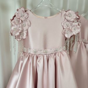 Dusty Pink Beaded Flower Girl Dress with Cap Sleeves and Handmade Flowers - view 3