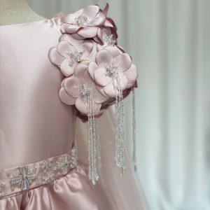 Dusty Pink Beaded Flower Girl Dress with Cap Sleeves and Handmade Flowers - view 4