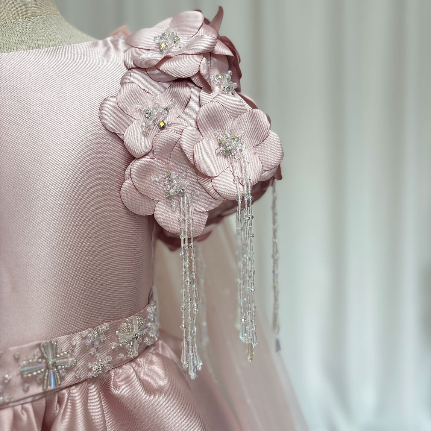 Dusty Pink Beaded Flower Girl Dress with Cap Sleeves and Handmade Flowers - view 4