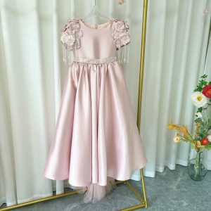 Dusty Pink Beaded Flower Girl Dress with Cap Sleeves and Handmade Flowers - view 2