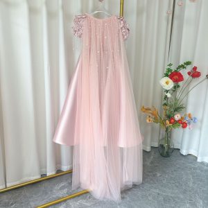 Dusty Pink Beaded Flower Girl Dress with Cap Sleeves and Handmade Flowers - view 5