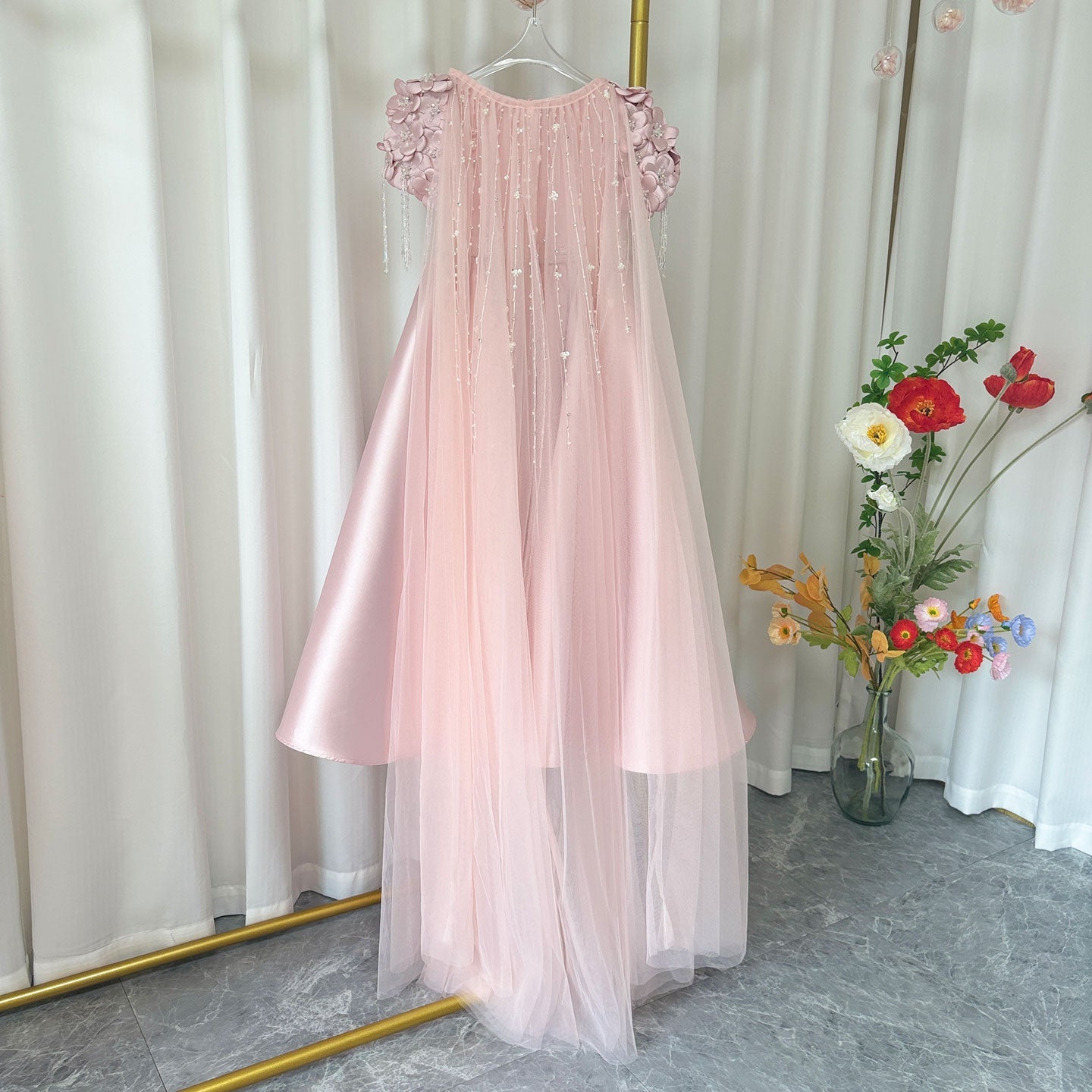 Dusty Pink Beaded Flower Girl Dress with Cap Sleeves and Handmade Flowers - view 5
