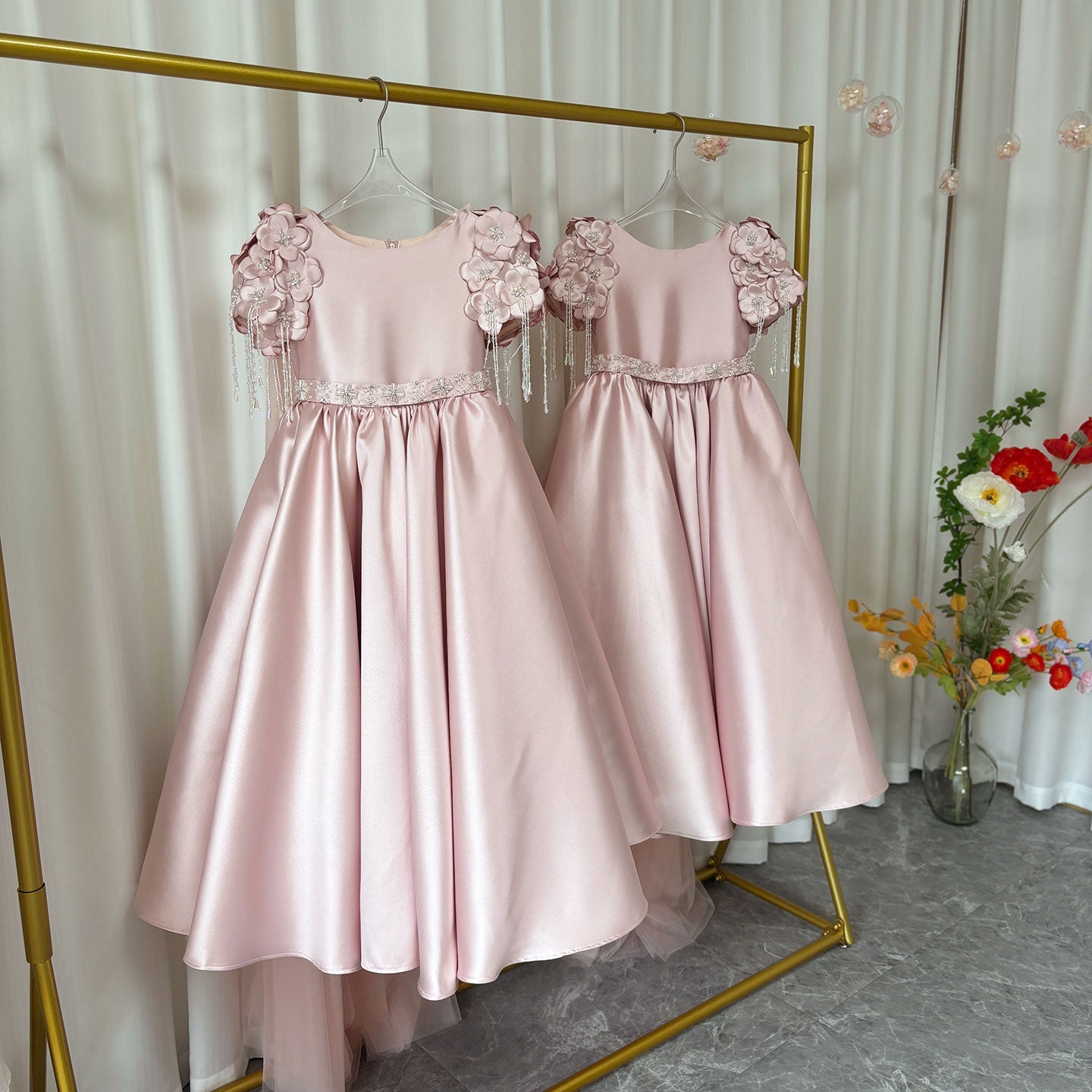 Dusty Pink Beaded Flower Girl Dress with Cap Sleeves and Handmade Flowers - view 6