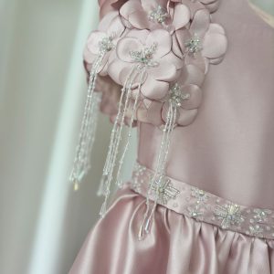 Dusty Pink Beaded Flower Girl Dress with Cap Sleeves and Handmade Flowers - view 7