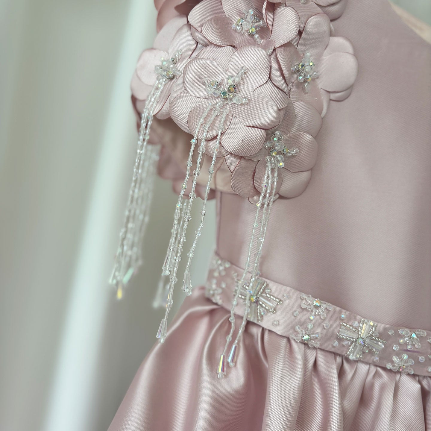 Dusty Pink Beaded Flower Girl Dress with Cap Sleeves and Handmade Flowers - view 7