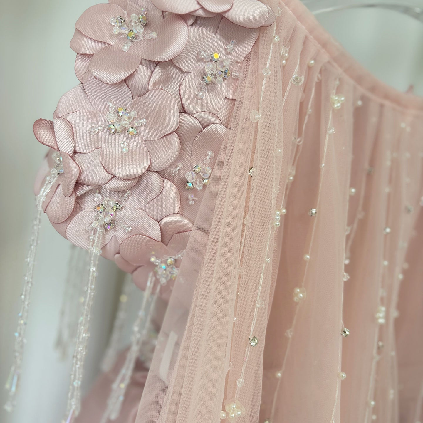 Dusty Pink Beaded Flower Girl Dress with Cap Sleeves and Handmade Flowers - view 8