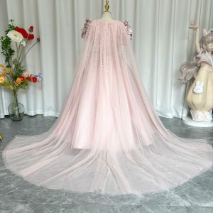 Dusty Pink Beaded Flower Girl Dress with Cap Sleeves and Handmade Flowers - view 9