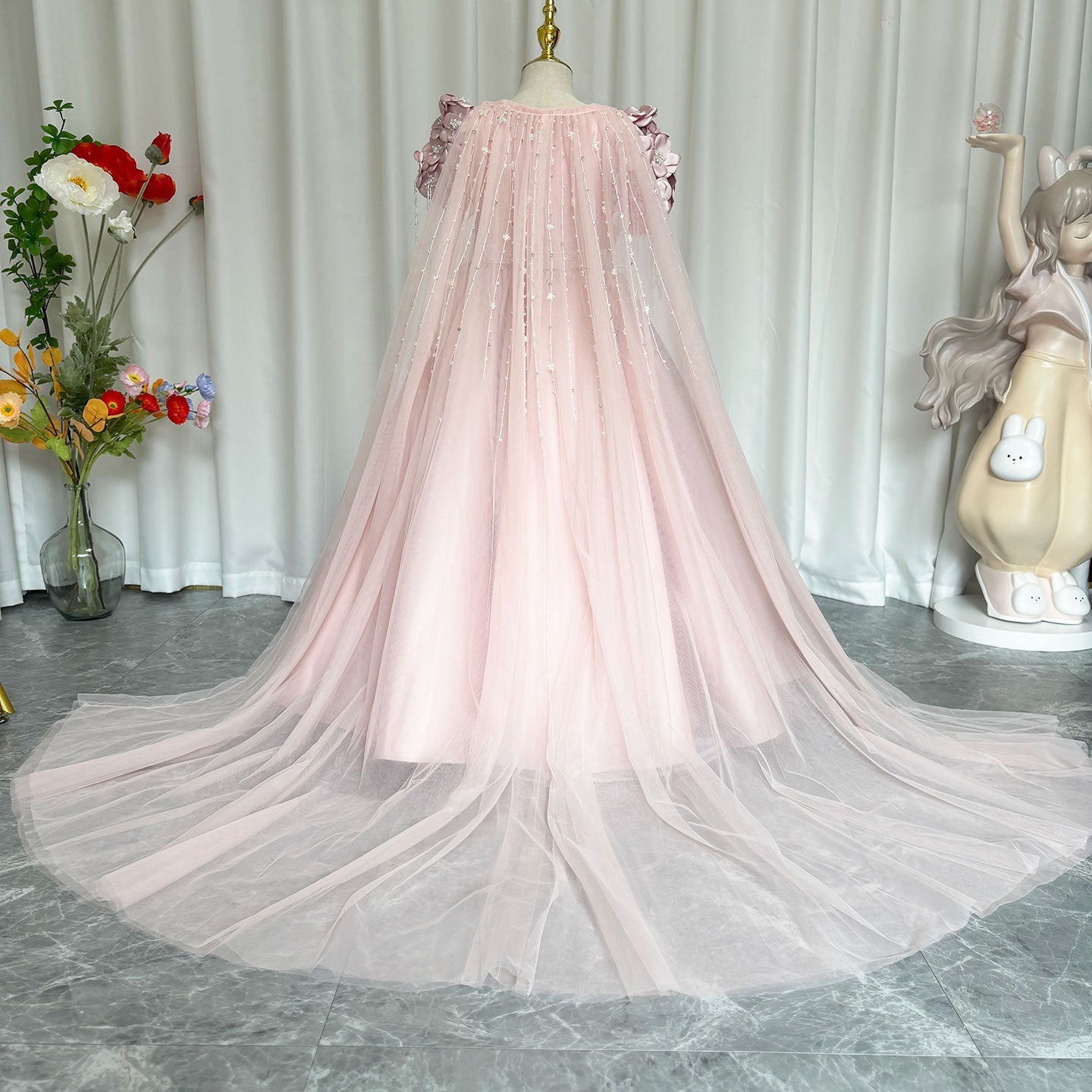 Dusty Pink Beaded Flower Girl Dress with Cap Sleeves and Handmade Flowers - view 9
