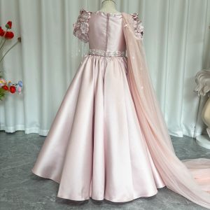 Dusty Pink Beaded Flower Girl Dress with Cap Sleeves and Handmade Flowers - view 10