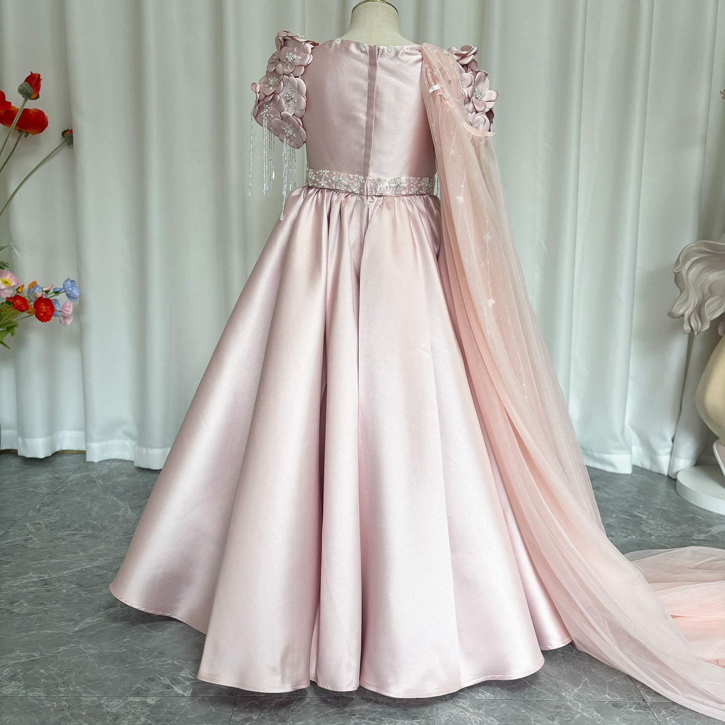 Dusty Pink Beaded Flower Girl Dress with Cap Sleeves and Handmade Flowers - view 10