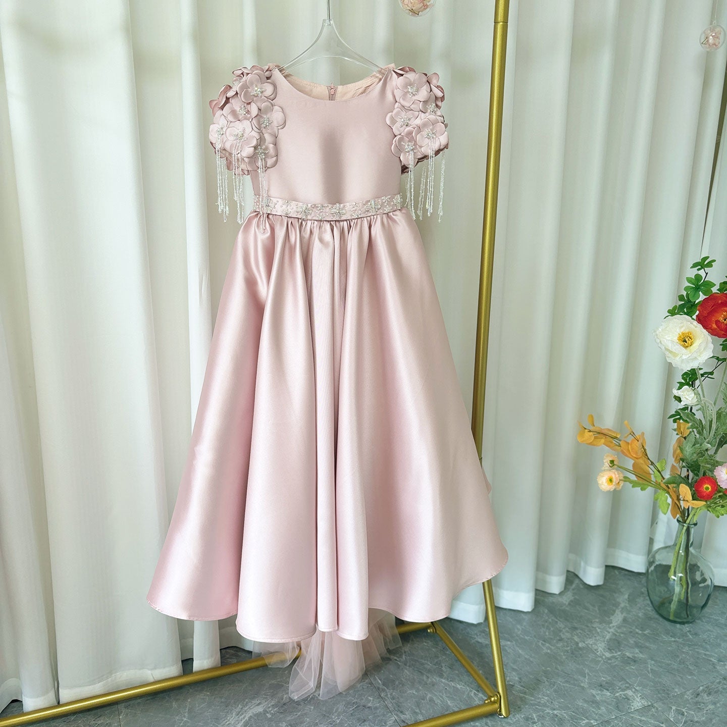 Dusty Pink Beaded Flower Girl Dress with Cap Sleeves and Handmade Flowers - view 2
