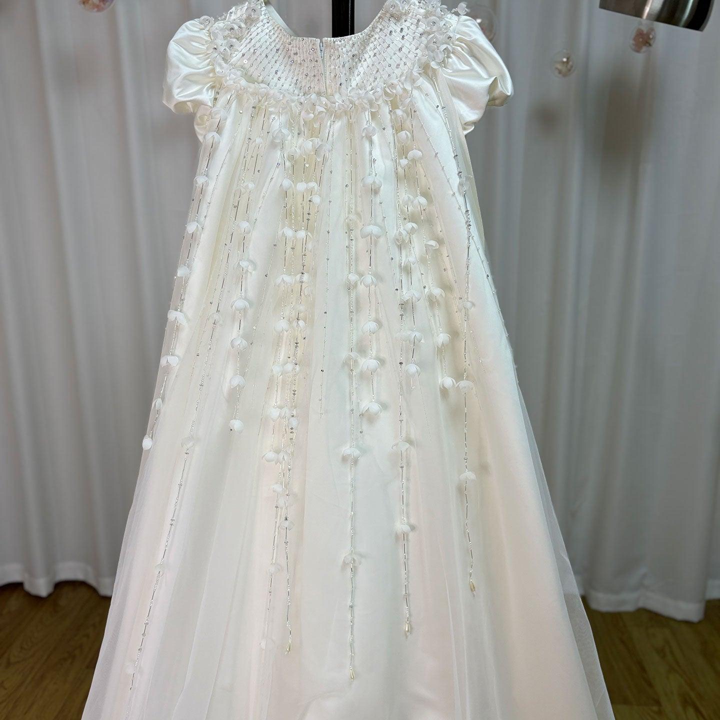 White Beaded Pearl Satin Flower Girl Ball Gown J153 - view 17