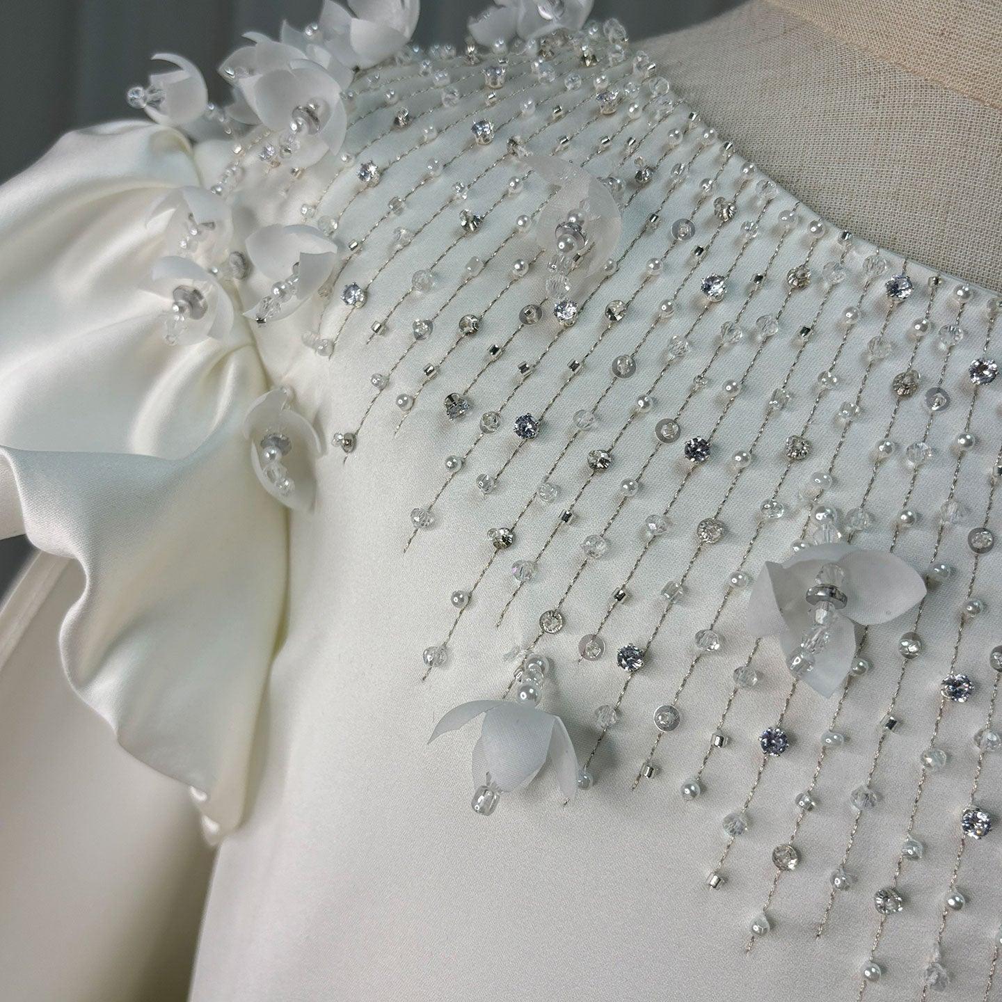 White Beaded Pearl Satin Flower Girl Ball Gown J153 - view 3