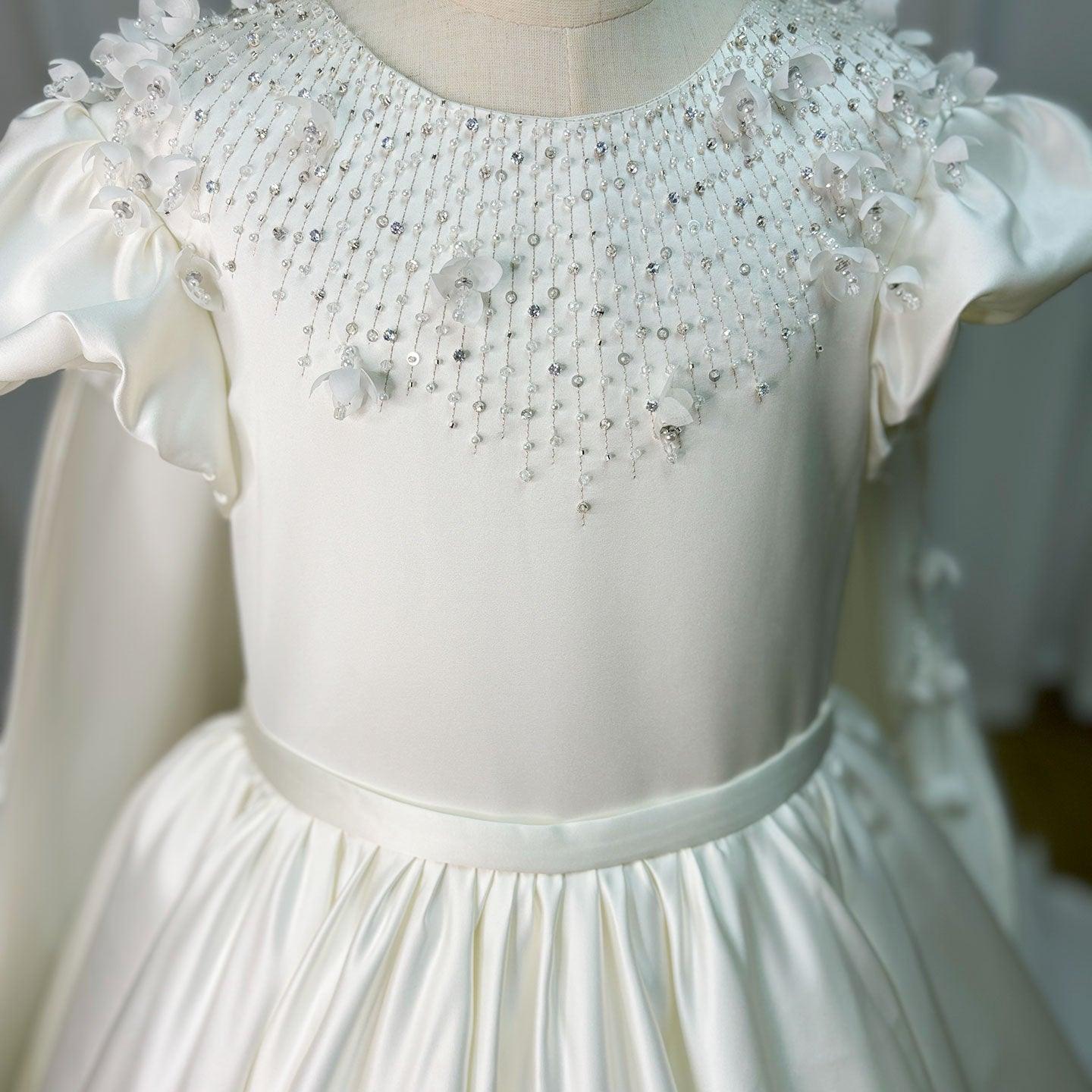 White Beaded Pearl Satin Flower Girl Ball Gown J153 - view 4