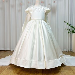 White Beaded Pearl Satin Flower Girl Ball Gown J153 - view 6