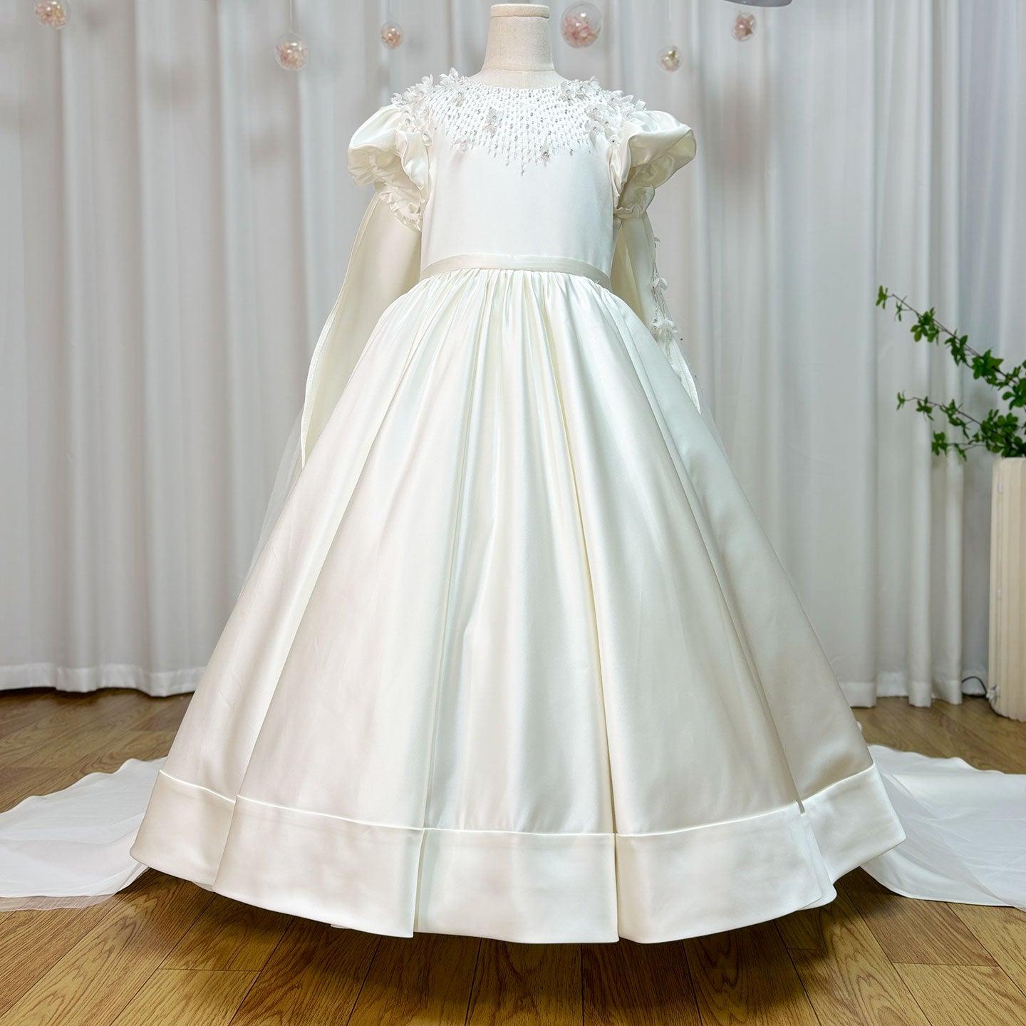 White Beaded Pearl Satin Flower Girl Ball Gown J153 - view 6