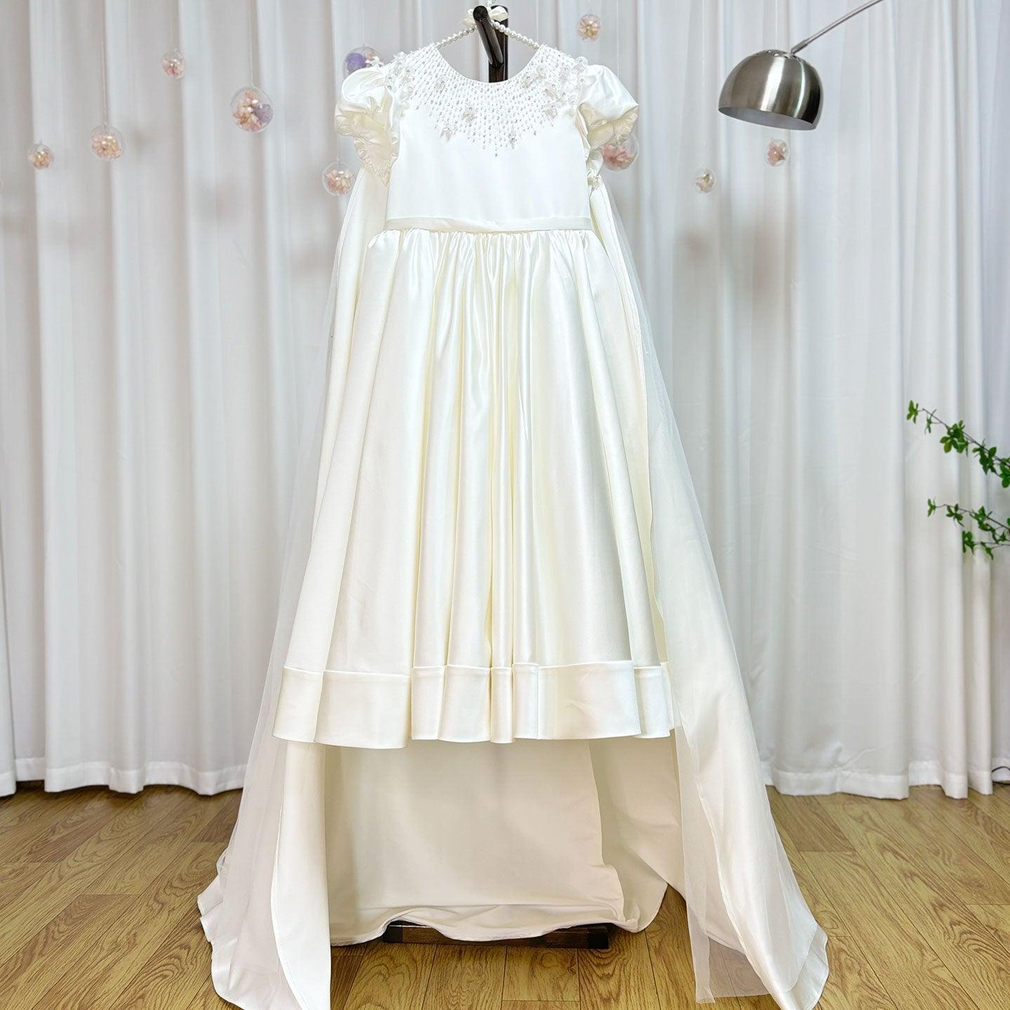 White Beaded Pearl Satin Flower Girl Ball Gown J153 - view 2