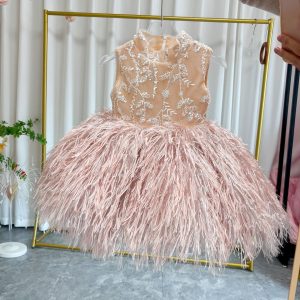Pink Feather Flower Girl Dress Fluffy Princess Party Gown M005 - view 2