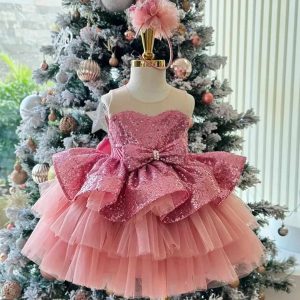 Pink Sequined Bow Tiered Tulle Flower Girl Dress D001 - view 2