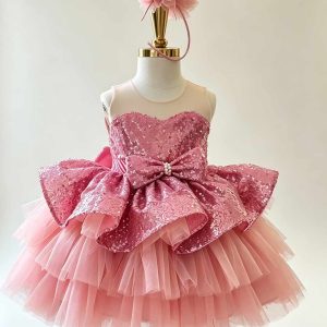 Pink Sequined Bow Tiered Tulle Flower Girl Dress D001 - view 3