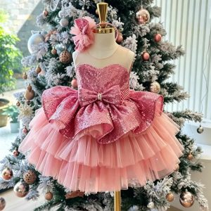 Pink Sequined Bow Tiered Tulle Flower Girl Dress D001 - view 4