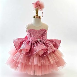 Pink Sequined Bow Tiered Tulle Flower Girl Dress D001 - view 5
