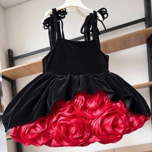 Black and Red Rose Skirt Flower Girl Dress D003 - view 6