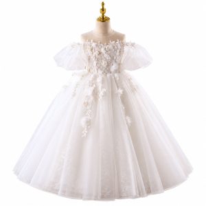 White 3D Floral Tulle Flower Girl Ball Gown with Puff Sleeves D370 - view 7