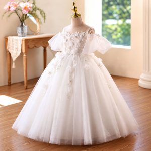White 3D Floral Tulle Flower Girl Ball Gown with Puff Sleeves D370 - view 4