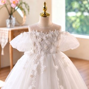 White 3D Floral Tulle Flower Girl Ball Gown with Puff Sleeves D370 - view 3