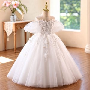 White 3D Floral Tulle Flower Girl Ball Gown with Puff Sleeves D370 - view 5