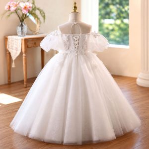 White 3D Floral Tulle Flower Girl Ball Gown with Puff Sleeves D370 - view 2