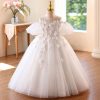 White 3D Floral Tulle Flower Girl Ball Gown with Puff Sleeves D370