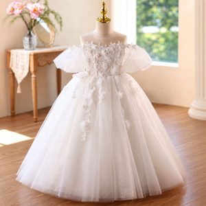 White 3D Floral Tulle Flower Girl Ball Gown with Puff Sleeves D370